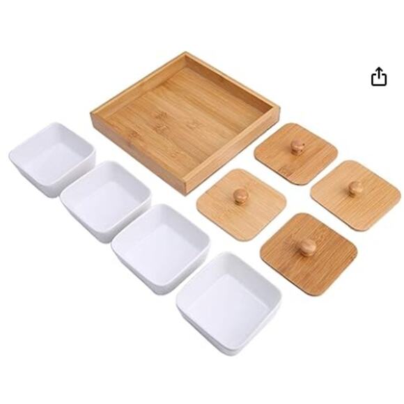 Unopened/Sealed Ceramic Divided Serving Dishes with Lids and Bamboo Tray- White - Picture 5 of 6